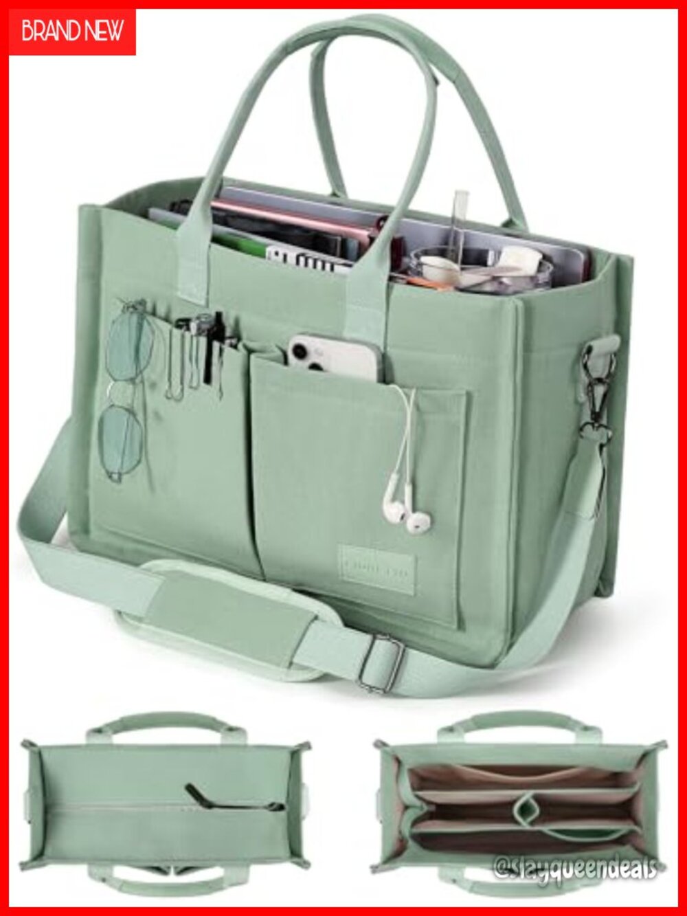 Canvas Tote Bag with Zipper Individual Compartments Work College Teacher Nurse